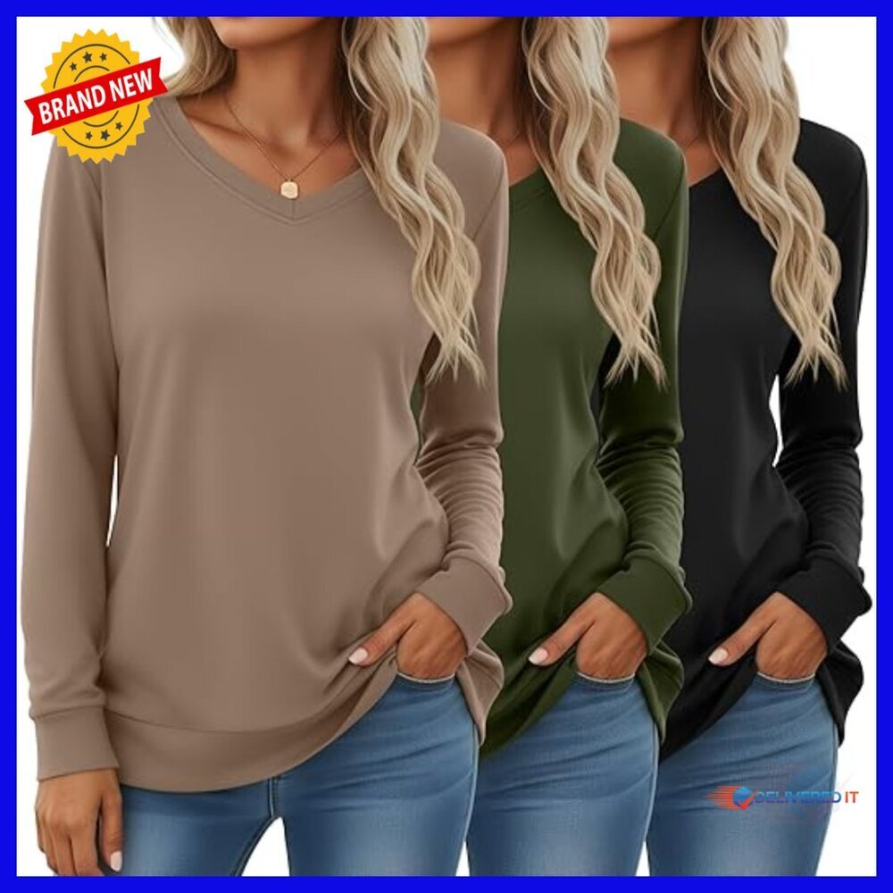 3 Pack Long Sleeve V-Neck Sweatshirts Cotton Loose Fit Casual Tops - Picture 1 of 6